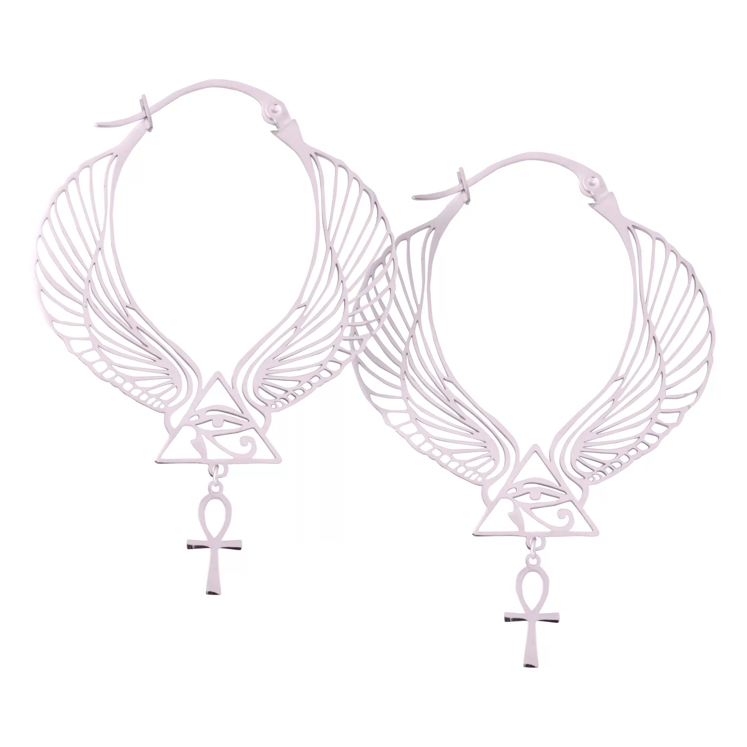 Kreisförmige Ohrringe mit Flügeln und Ankh-Symbol in Silber auf weißem Hintergrund