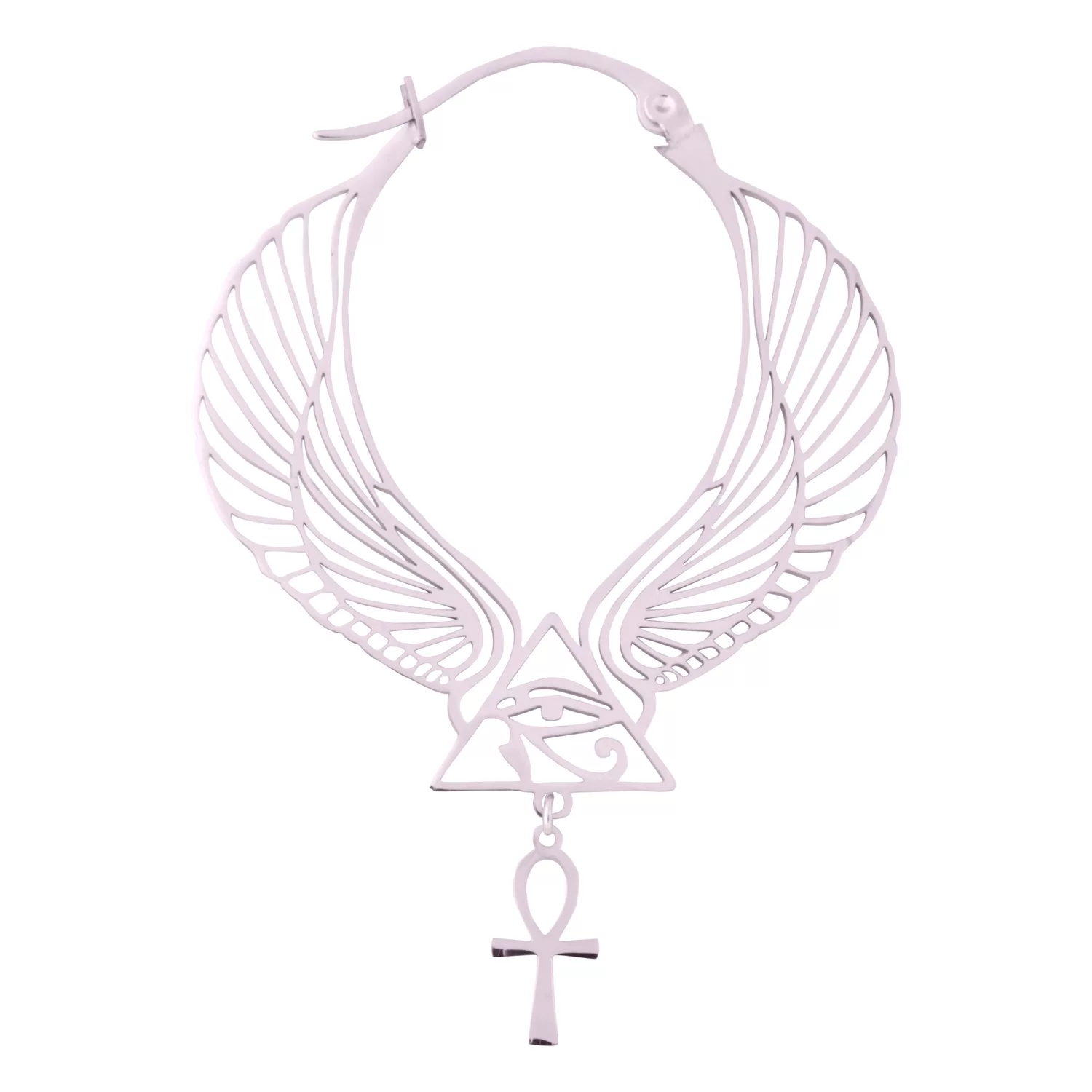 Roségoldene Cleopatra Hoops mit Flügel-Design und Ankh-Anhänger auf weißem Hintergrund