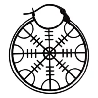 Runder schwarzer Edelstahl-Ohrring mit Helm of Awe Design auf weißem Hintergrund