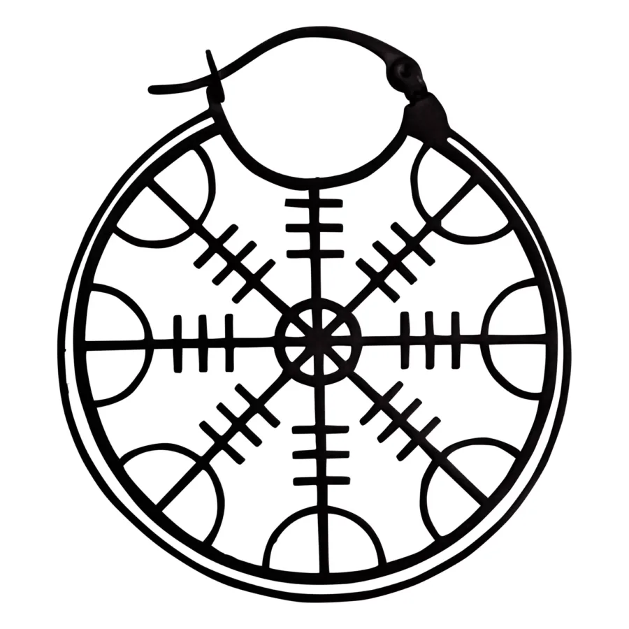 Runder schwarzer Edelstahl-Ohrring mit Helm of Awe Design auf weißem Hintergrund