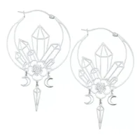 Elegante silberne Oracle Hoops Ohrringe Silberne Ohrringe mit geometrischem Design und Blumenmuster auf weißem Hintergrund