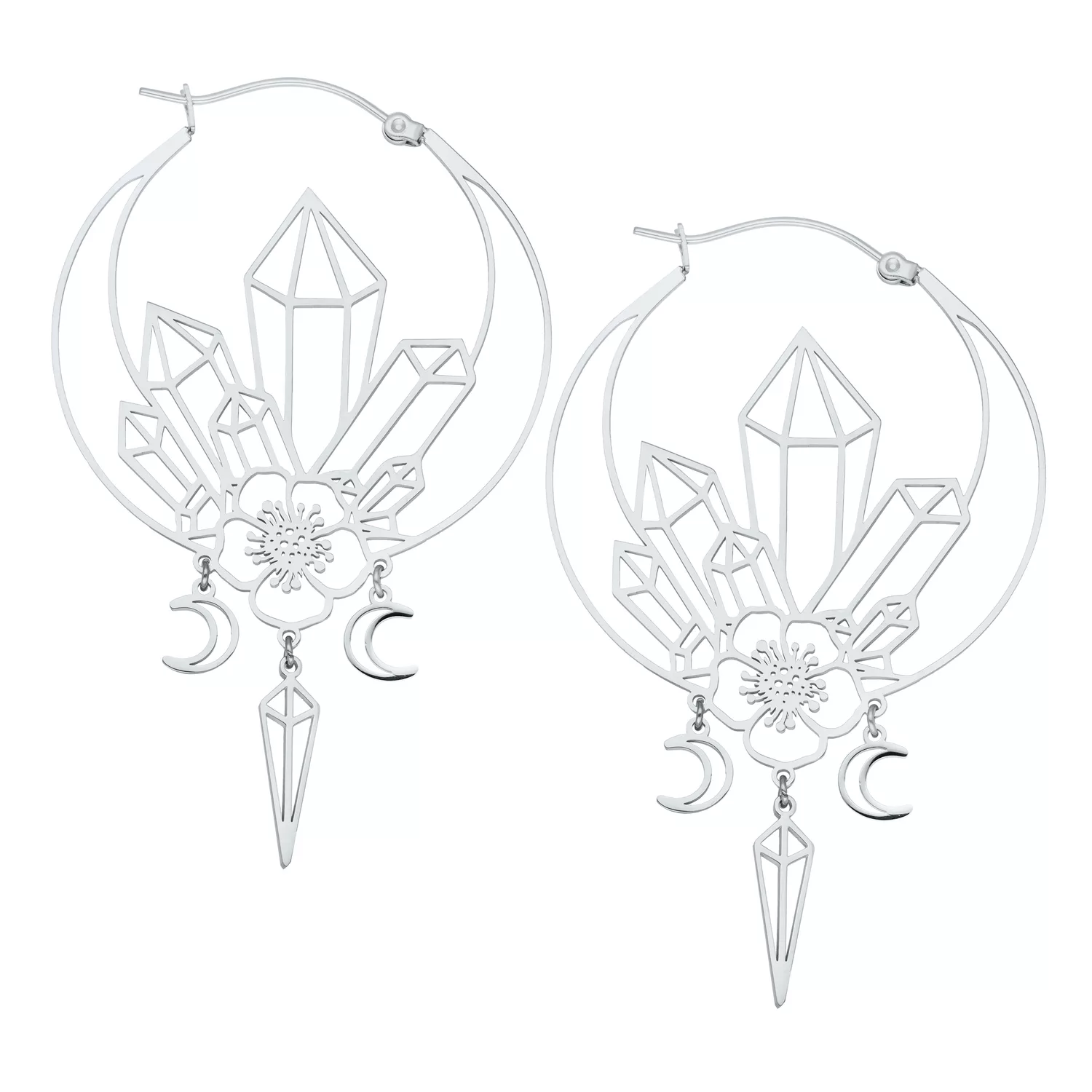 Elegante silberne Oracle Hoops Ohrringe Silberne Ohrringe mit geometrischem Design und Blumenmuster auf weißem Hintergrund