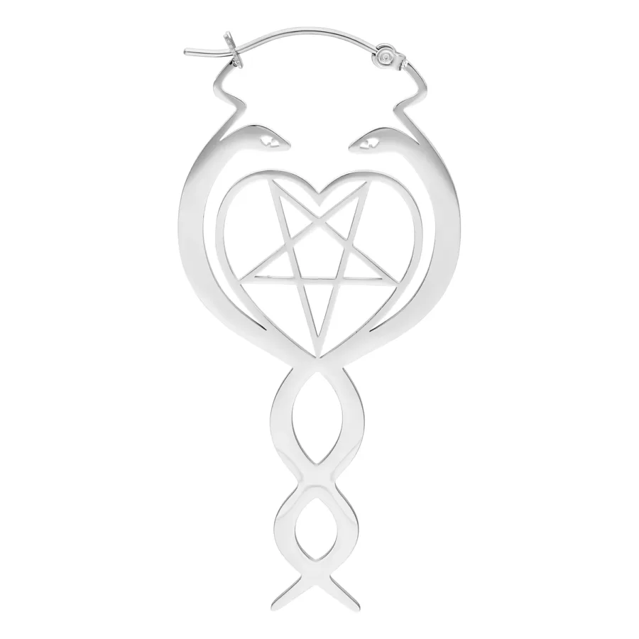 Silberne Ohrringe mit Schlangenmotiv und Pentagramm auf weißem Hintergrund