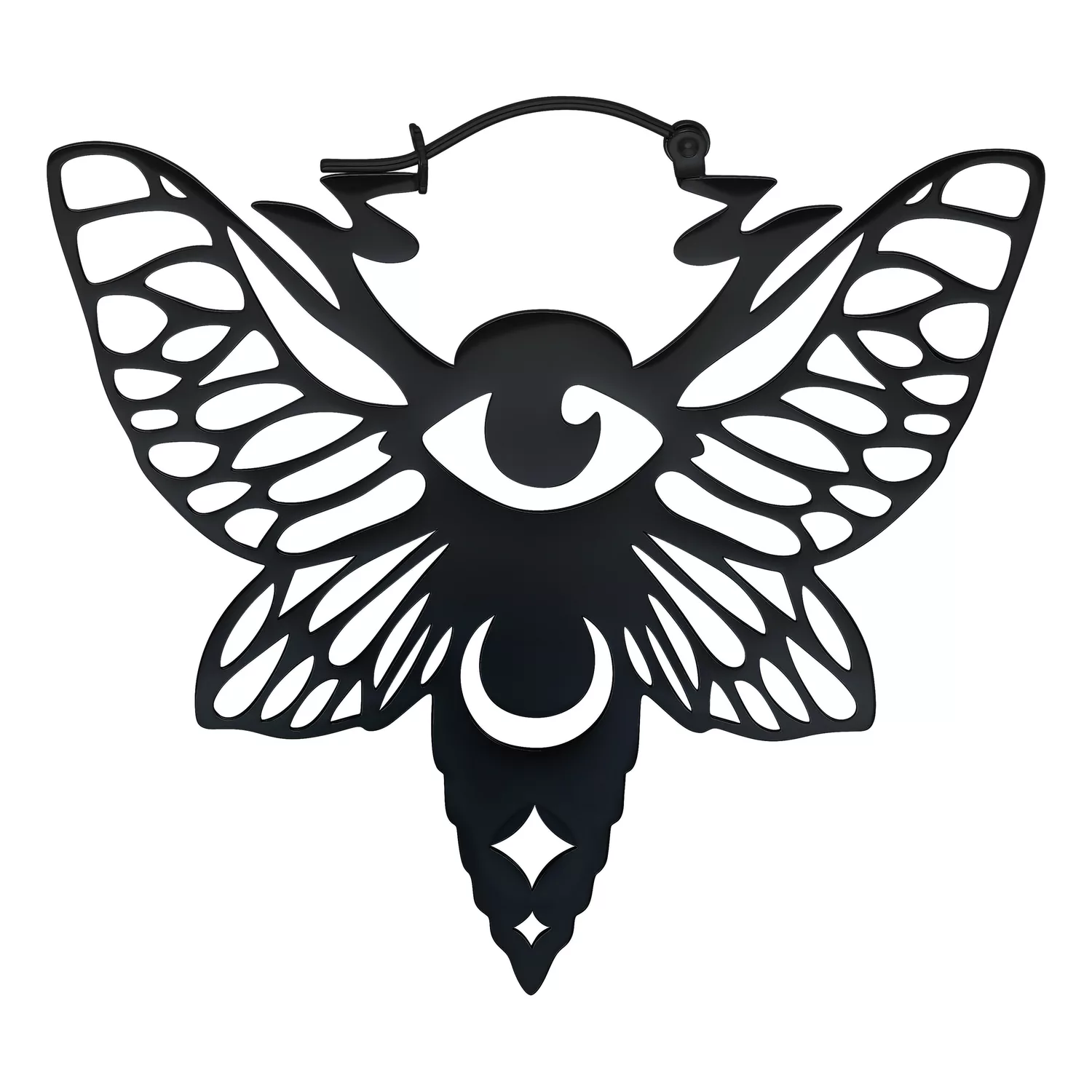 Schwarze Moth Hoops aus Chirurgenstahl Schwarze Ohrringe in Schmetterlingsform mit Auge und Halbmond auf weißem Hintergrund