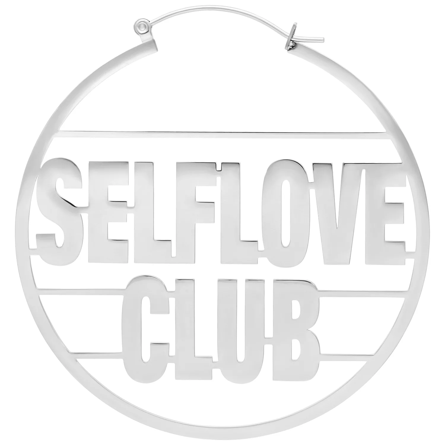 Selflove Club Hoops in Silber, Edelstahl Silberner Ohrring mit Schriftzug 'Selflove Club' auf weißem Hintergrund