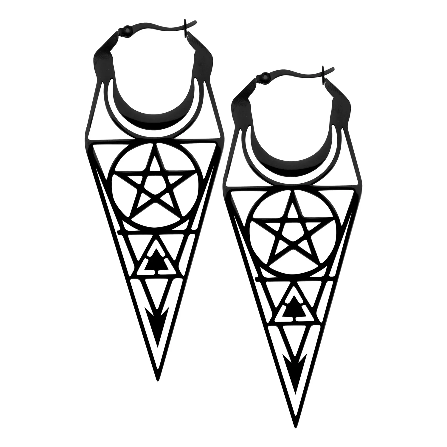 Schwarze Mortalis Hoops Ohrringe aus Edelstahl Schwarze Edelstahl Ohrringe mit geometrischem Design und Klappverschluss auf weißem Hintergrund