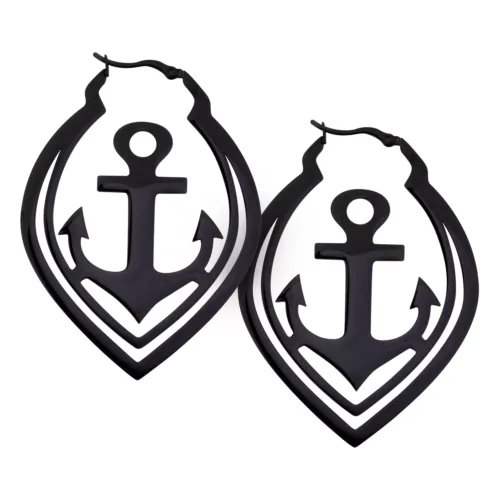Schwarze Anchor Hoops Ohrringe mit Anker-Design auf weißem Hintergrund