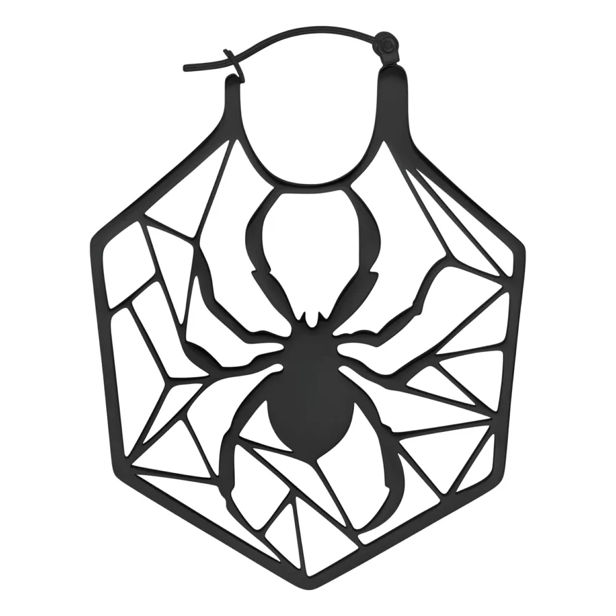 Schwarze Edelstahl-Ohrringe im Spinnennetz-Design auf weißem Hintergrund