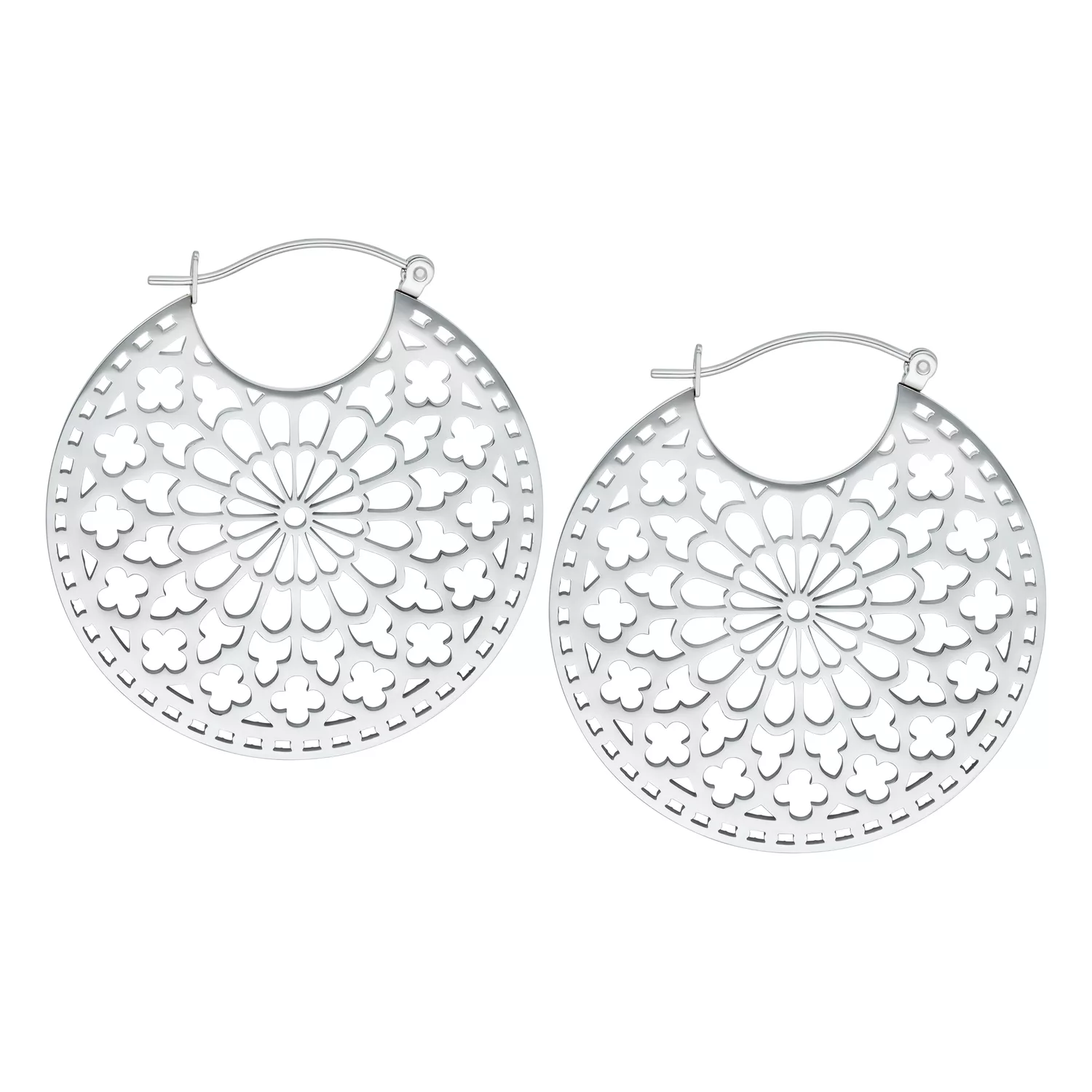 Silberne runde Cathedral Hoops Ohrringe mit filigranem Design auf weißem Hintergrund