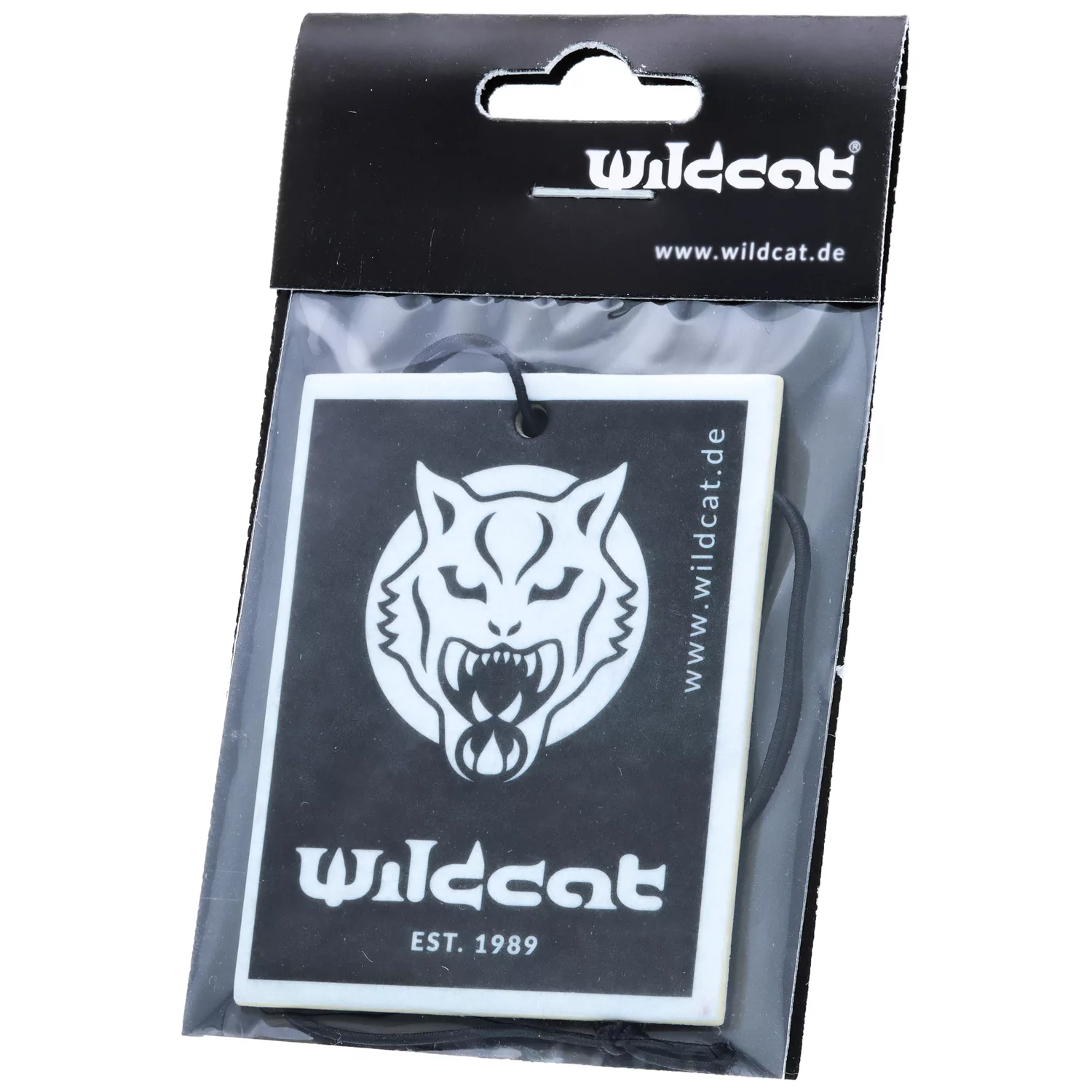 Wildcat Auto Lufterfrischer im klassischen Design Schwarzer Wildcat Lufterfrischer mit Wolf-Logo, verpackt in Klarsichtfolie