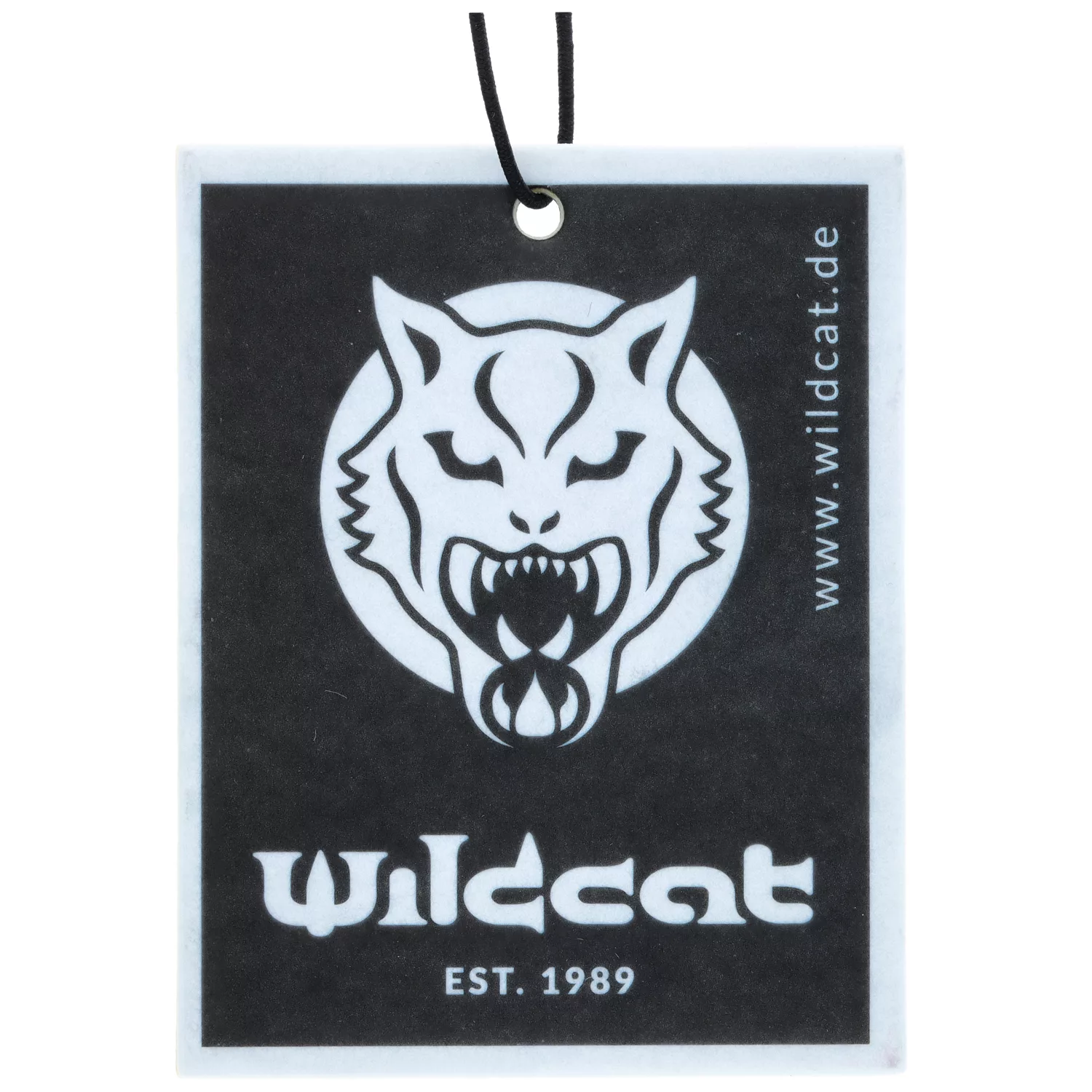 Wildcat Autoduft in Schwarz-Weiß Rechteckiger Wildcat Autoduft mit schwarzem Wildkatzen-Logo auf weißem Hintergrund