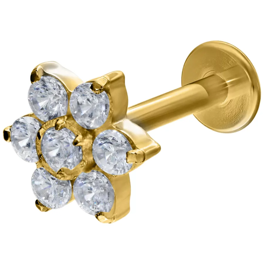 Goldenes Labret mit kristallklaren Blütenkristallen auf weißem Hintergrund