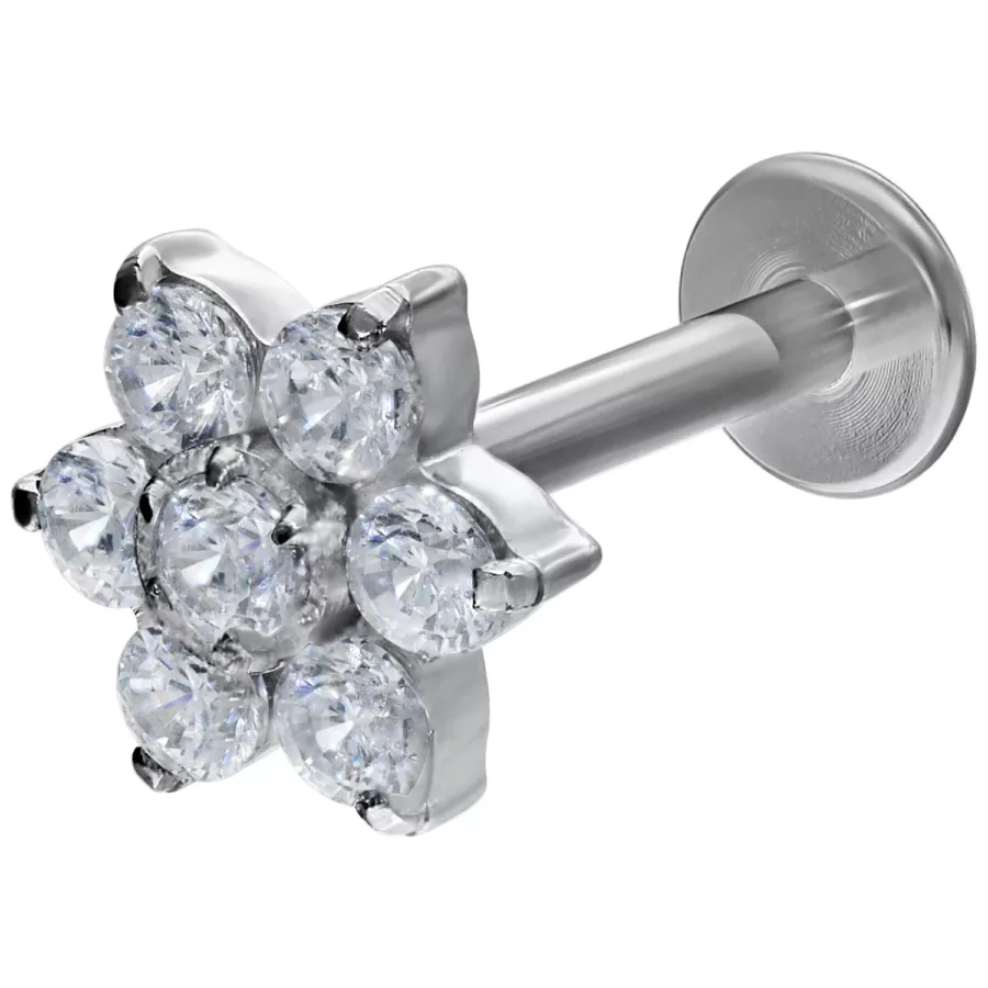 Crystal Flower Labret mit klaren Kristallen, 12 mm Länge, weißgoldene Farbe