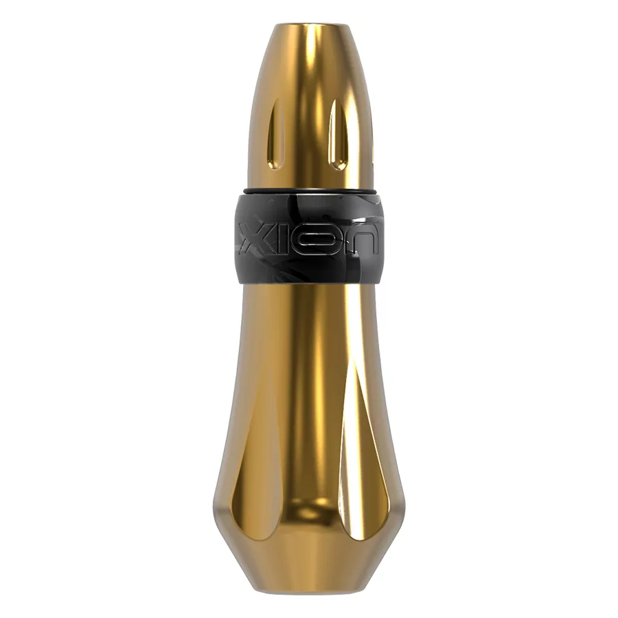 Xion Pen in Gold von Wildcat Goldener Xion Pen Tattoomaschine mit schwarzem Griff auf weißem Hintergrund
