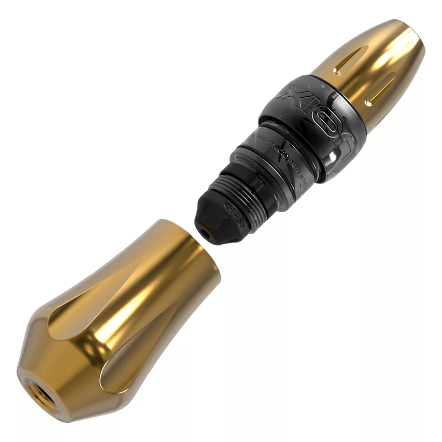 Xion Pen Gorilla Golden Tattoomaschine Goldene Tattoomaschine aus Aluminium auf weißem Hintergrund