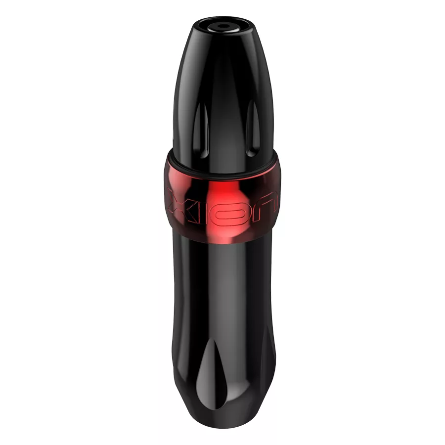 Xion Pen Rot Schwarz Aluminium Tattoomaschine Schwarzer und roter Xion Pen aus Aluminium auf weißem Hintergrund