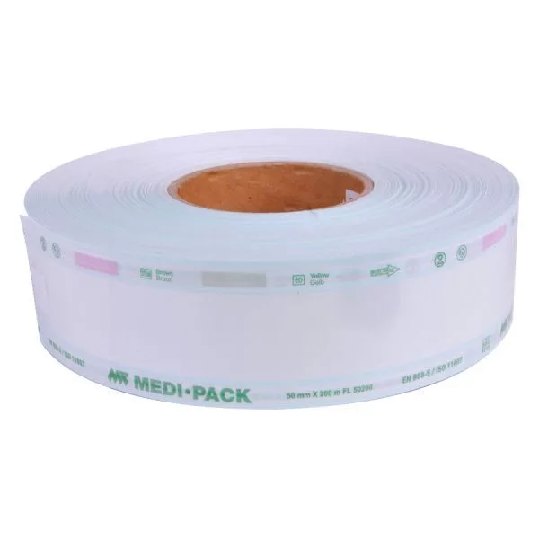 Sterilisationsfilm 50mm x 200m Rolle Transparente Sterilisationsfilmrolle von Wildcat, 50mm x 200m, auf weißem Hintergrund