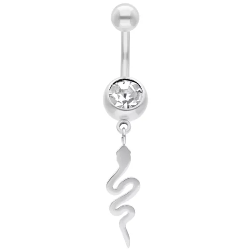 Bauchnabelpiercing aus Silber mit Kristall und Schlangenanhänger auf weißem Hintergrund