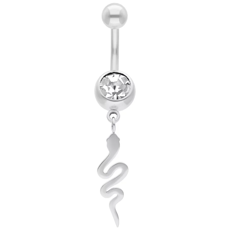 Bauchnabelpiercing aus Silber mit Kristall und Schlangenanhänger auf weißem Hintergrund