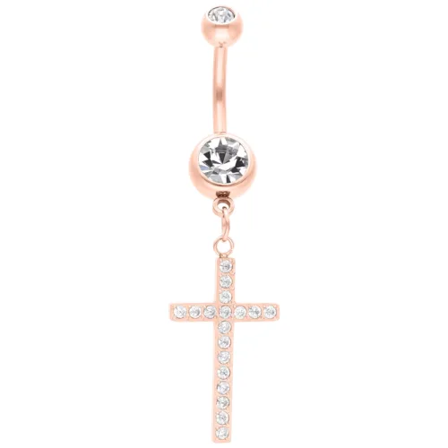 Bauchnabelpiercing in Roségold mit Kreuzanhänger und klaren Kristallen auf weißem Hintergrund