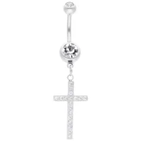 Silbernes Bauchnabelpiercing mit hängendem Kreuz und klaren Kristallen auf weißem Hintergrund