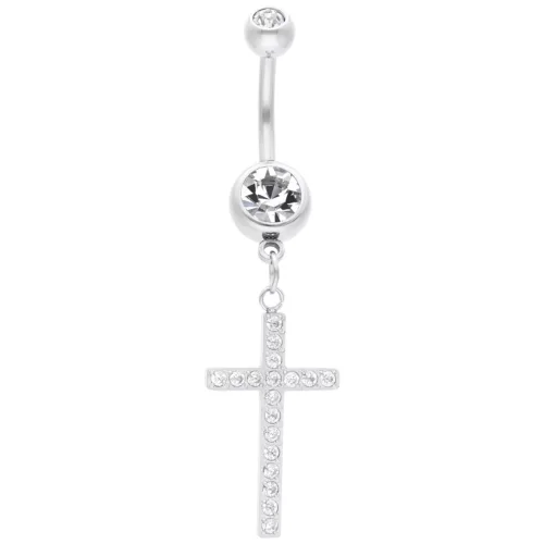 Silbernes Bauchnabelpiercing mit hängendem Kreuz und klaren Kristallen auf weißem Hintergrund