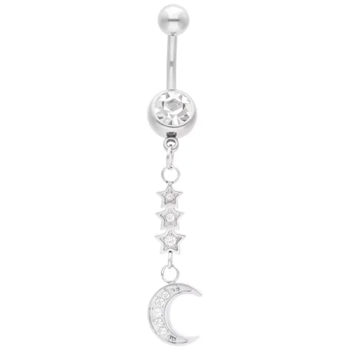 Bauchnabelpiercing mit silbernem Mondanhänger und Sternen auf weißem Hintergrund