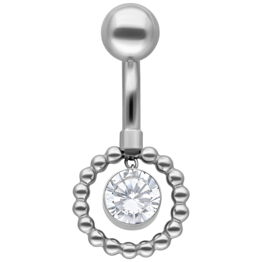 Silbernes Bauchnabelpiercing mit Kristall und Perlenring auf weißem Hintergrund