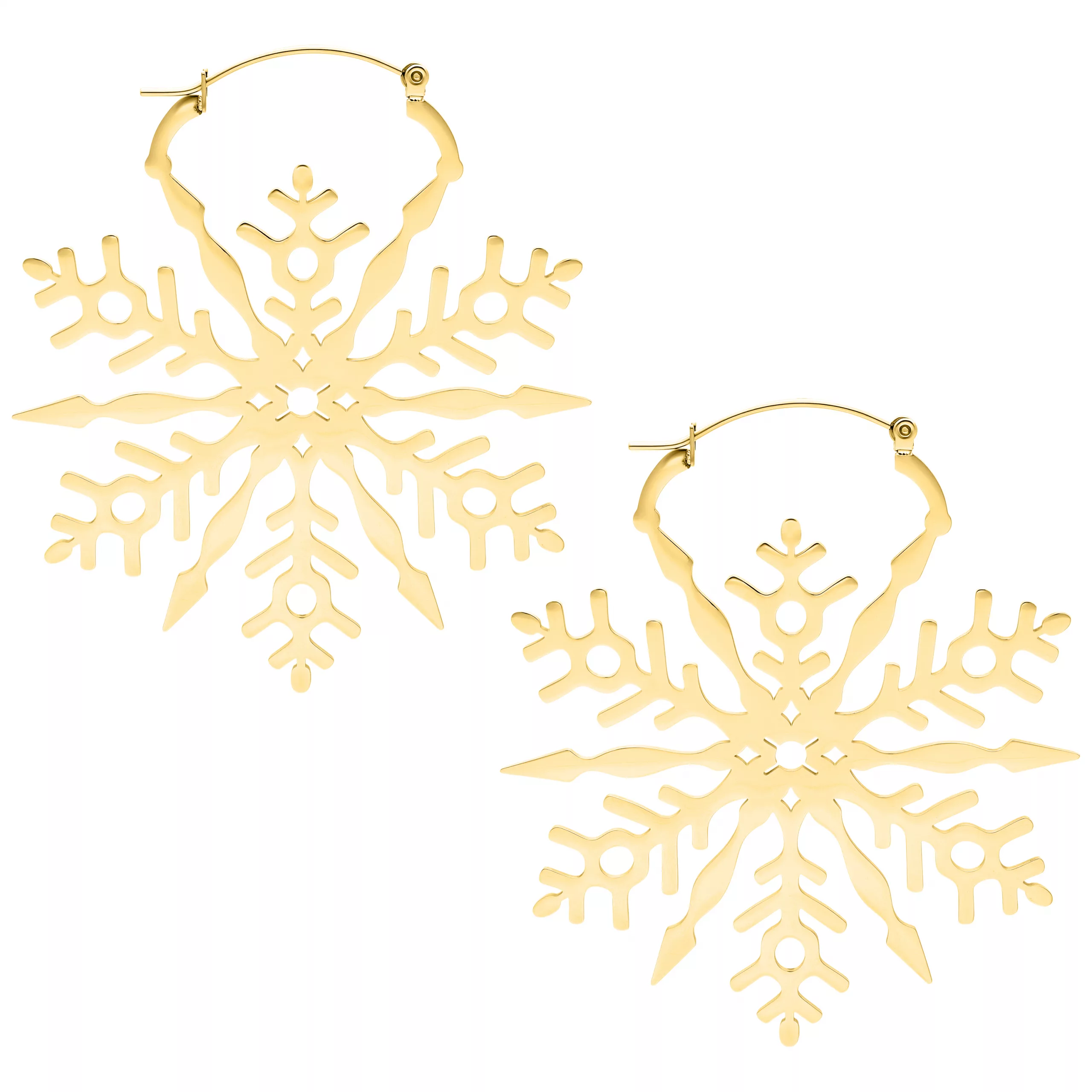 Zwei goldene Ohrringe in Form von Schneeflocken auf weißem Hintergrund
