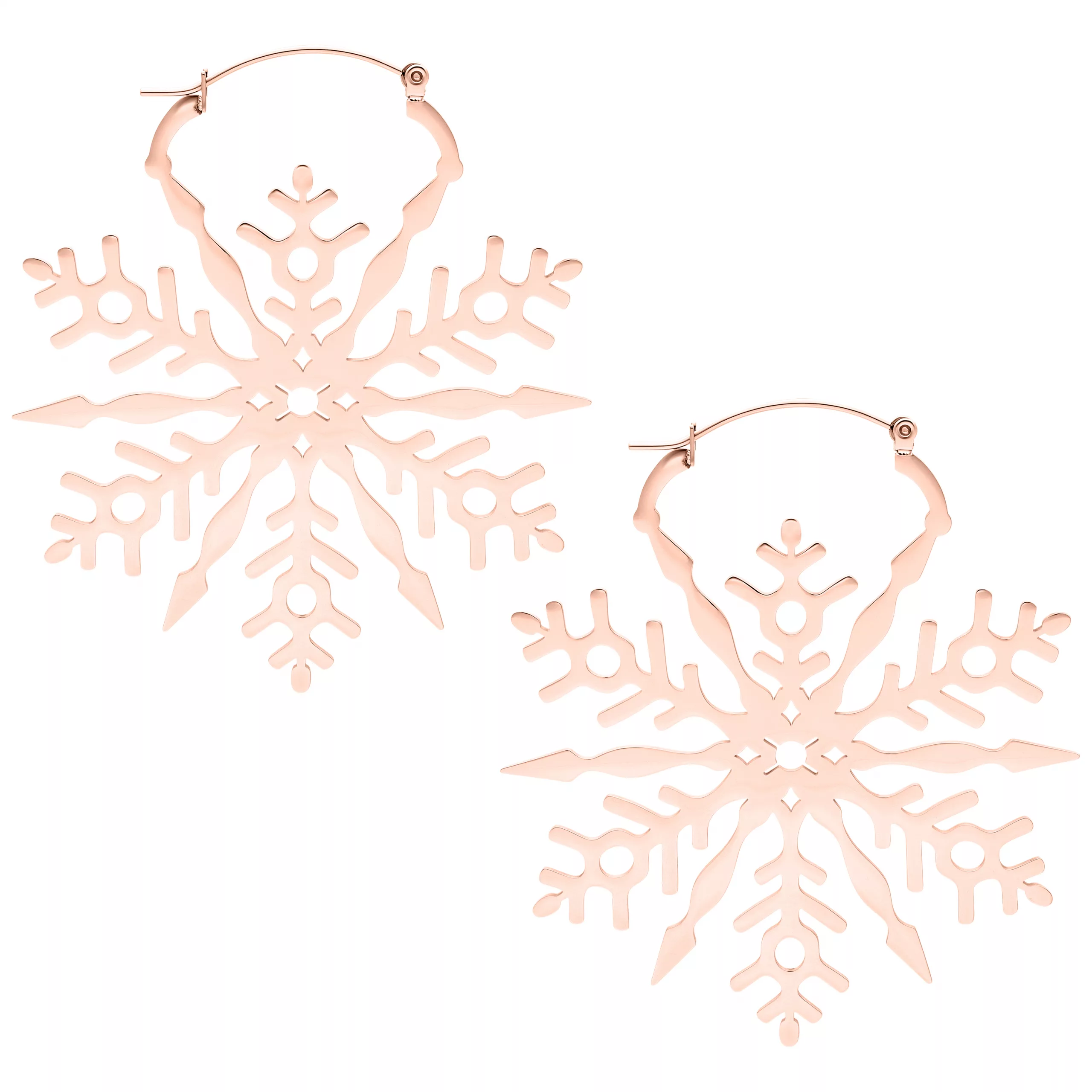 Zwei roségoldene Schneeflocken-Ohrringe aus Edelstahl auf weißem Hintergrund