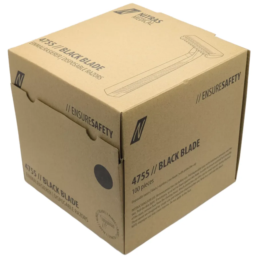 Kartonverpackung mit 100 schwarzen Einweg-Rasierern von Nitras