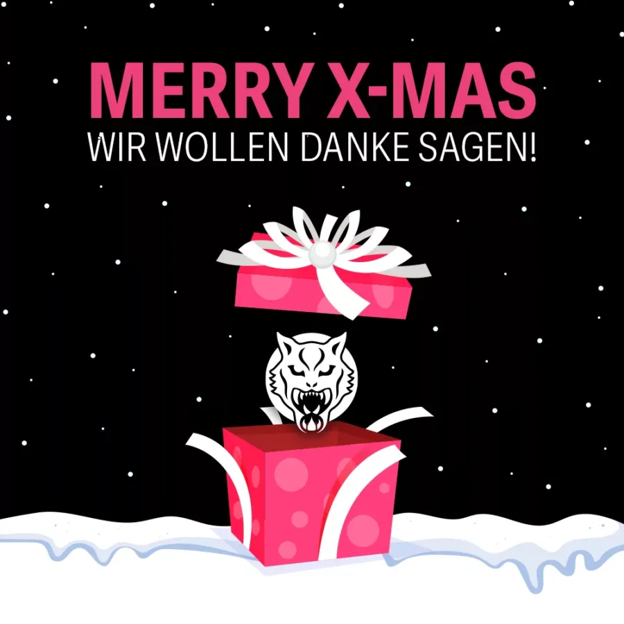 Schwarzer Hintergrund mit pinker Geschenkbox und Schneefall
