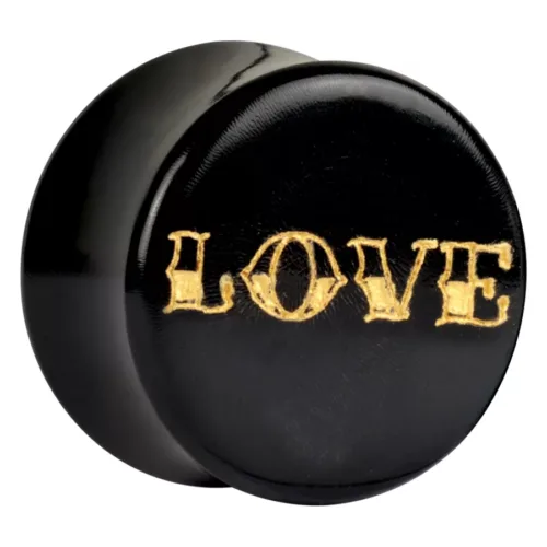 Schwarzer Horn-Plug mit goldener LOVE-Gravur, Größe 18mm