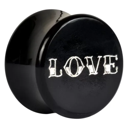 Schwarzer Hornplug mit 'LOVE'-Aufschrift in Platin, Größe 28 mm