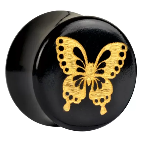 Schwarzer Hornplug mit goldener Schmetterlingsgravur, Größe 30 mm