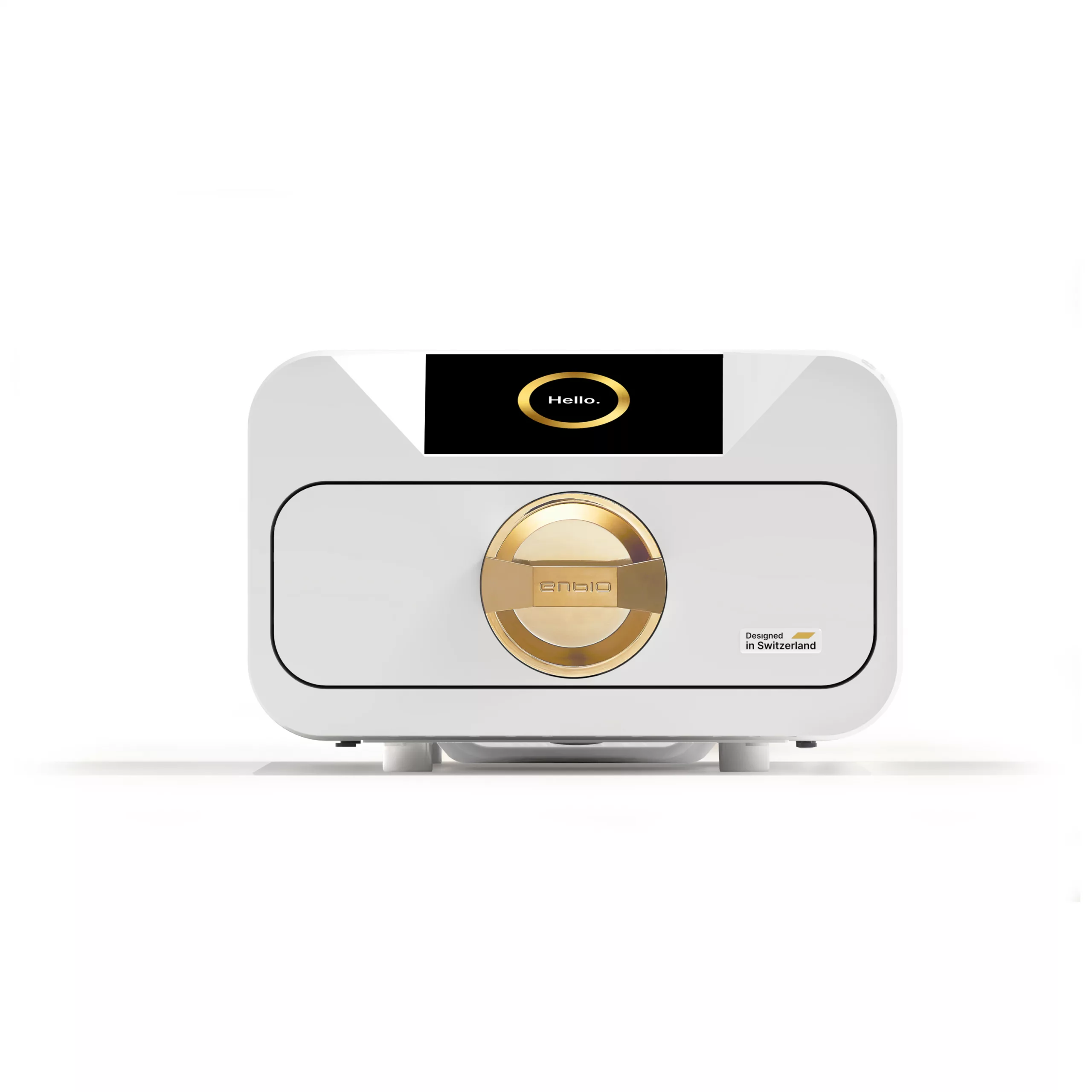 Enbio Autoklav S in Weiß und Gold Weißer Enbio Autoklav S mit goldenem Griff auf weißem Hintergrund