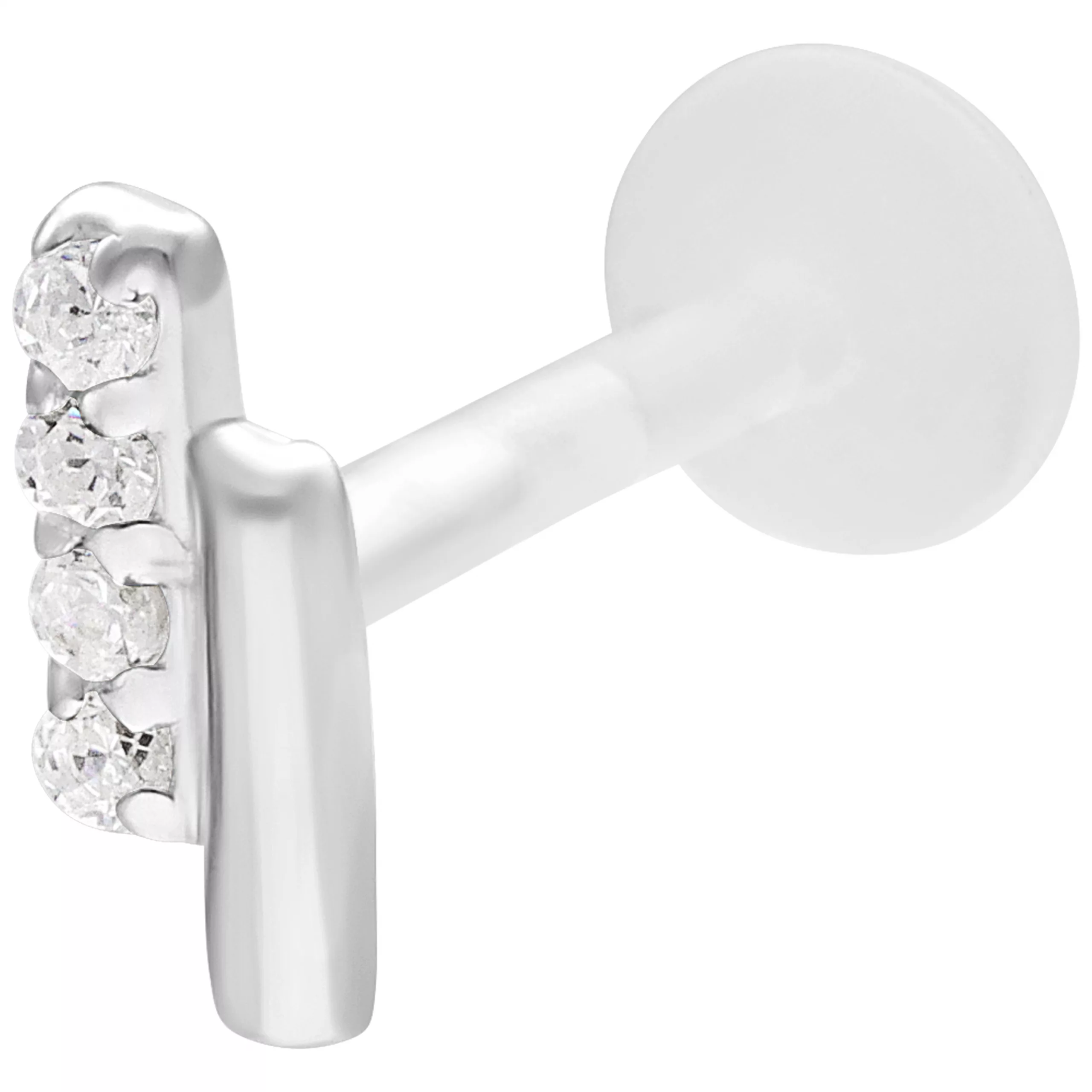 Silbernes Crystal Double Bar Push Fit Labret Silbernes Labret mit doppeltem Kristallbalken auf weißem Hintergrund