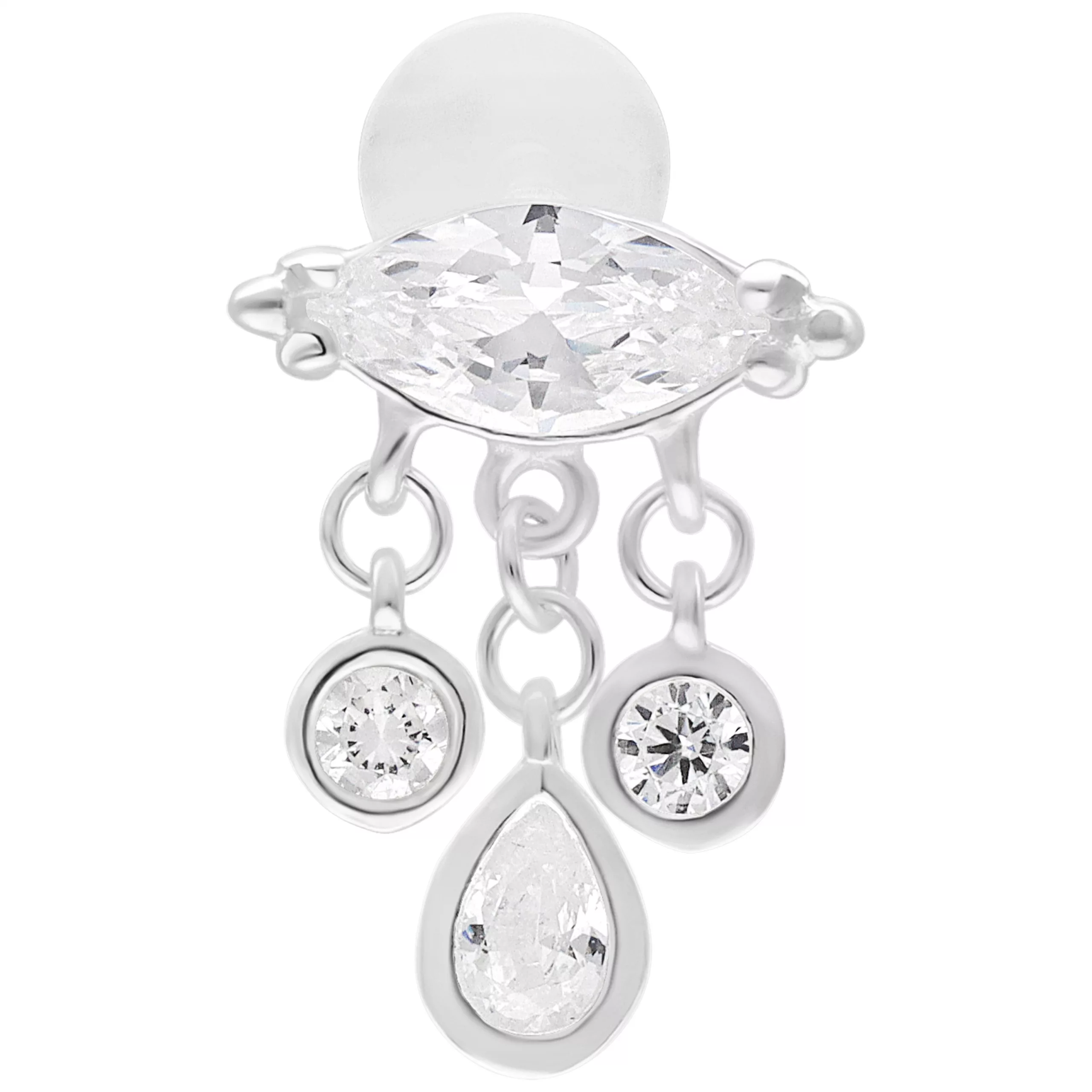 Silbernes Bella Push Fit Labret 5.0 mm Silberfarbenes Labret mit drei hängenden Zirkonia-Anhängern auf weißem Hintergrund