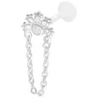 Silberner Labret mit Kette und Kristall Silberner Push Fit Labret mit Kristall und dekorativer Kette auf weißem Hintergrund