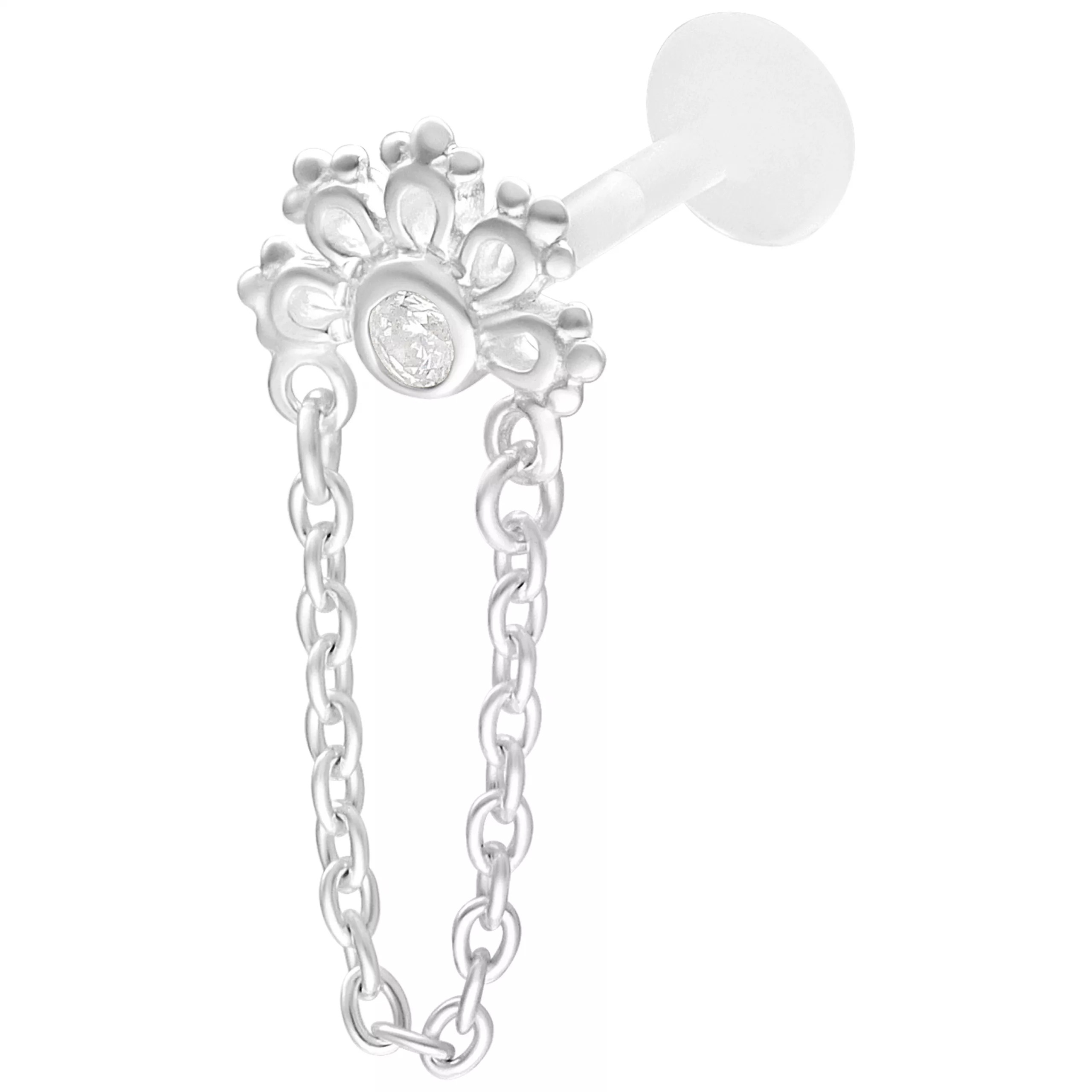 Silberner Labret mit Kette und Kristall Silberner Push Fit Labret mit Kristall und dekorativer Kette auf weißem Hintergrund