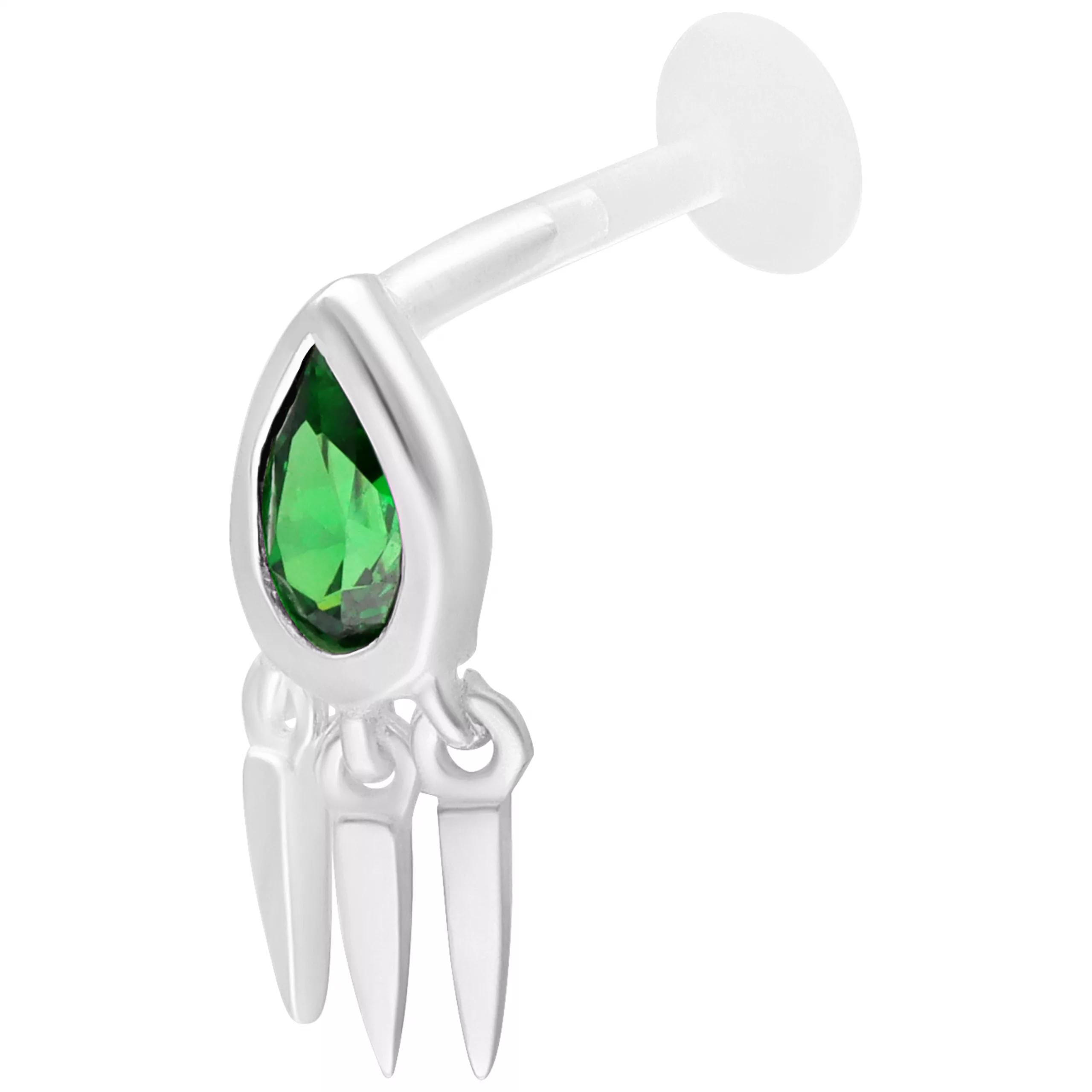Silbernes Labret mit grünem Smaragd und drei Anhängern auf weißem Hintergrund