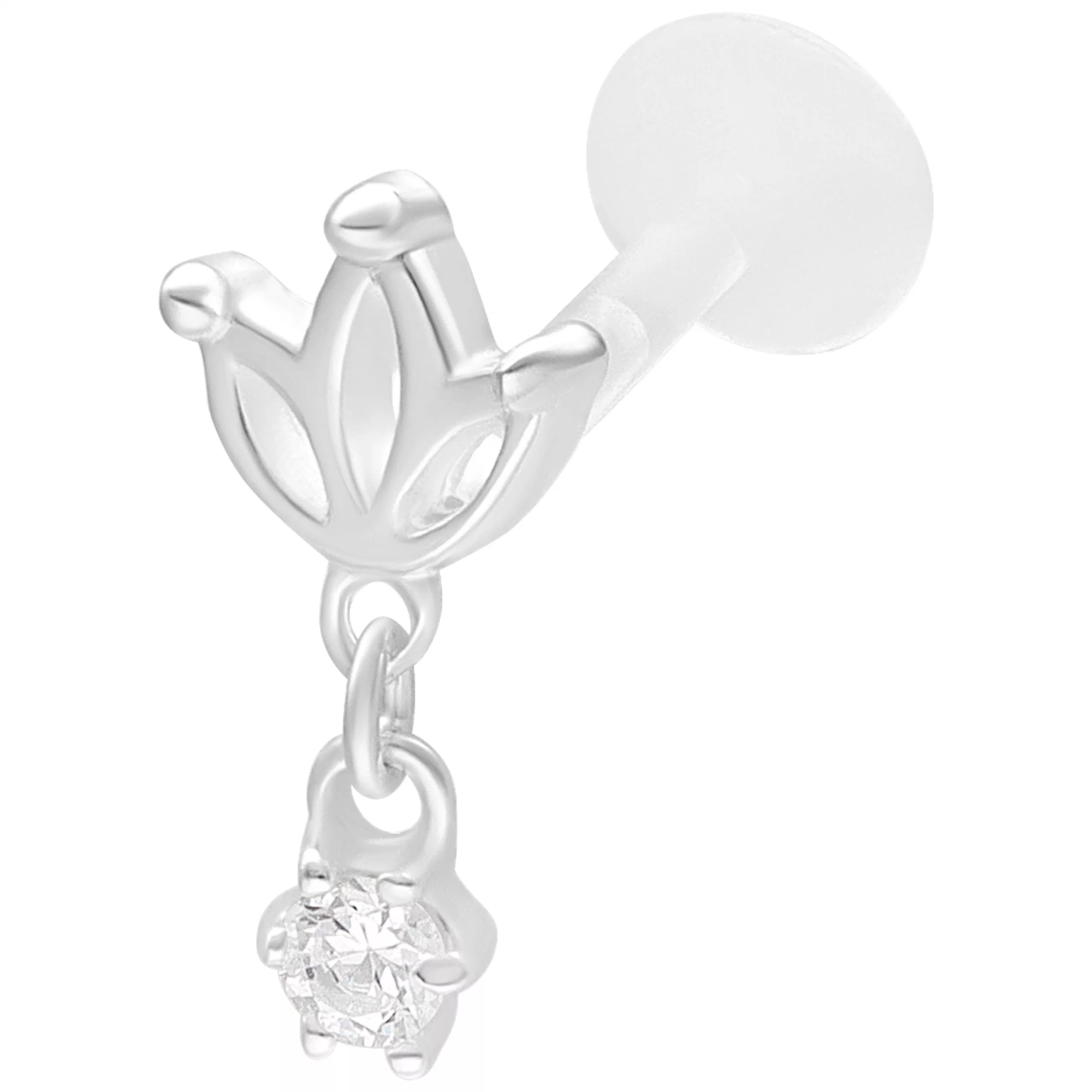 Silbernes Lotus Push Fit Labret mit Kristall Silbernes Labret mit Lotus-Design und funkelndem Kristall auf weißem Hintergrund