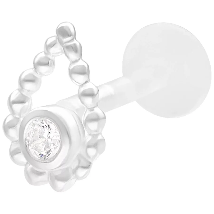 Silbernes Labret mit Perlenring und Stein auf weißem Hintergrund