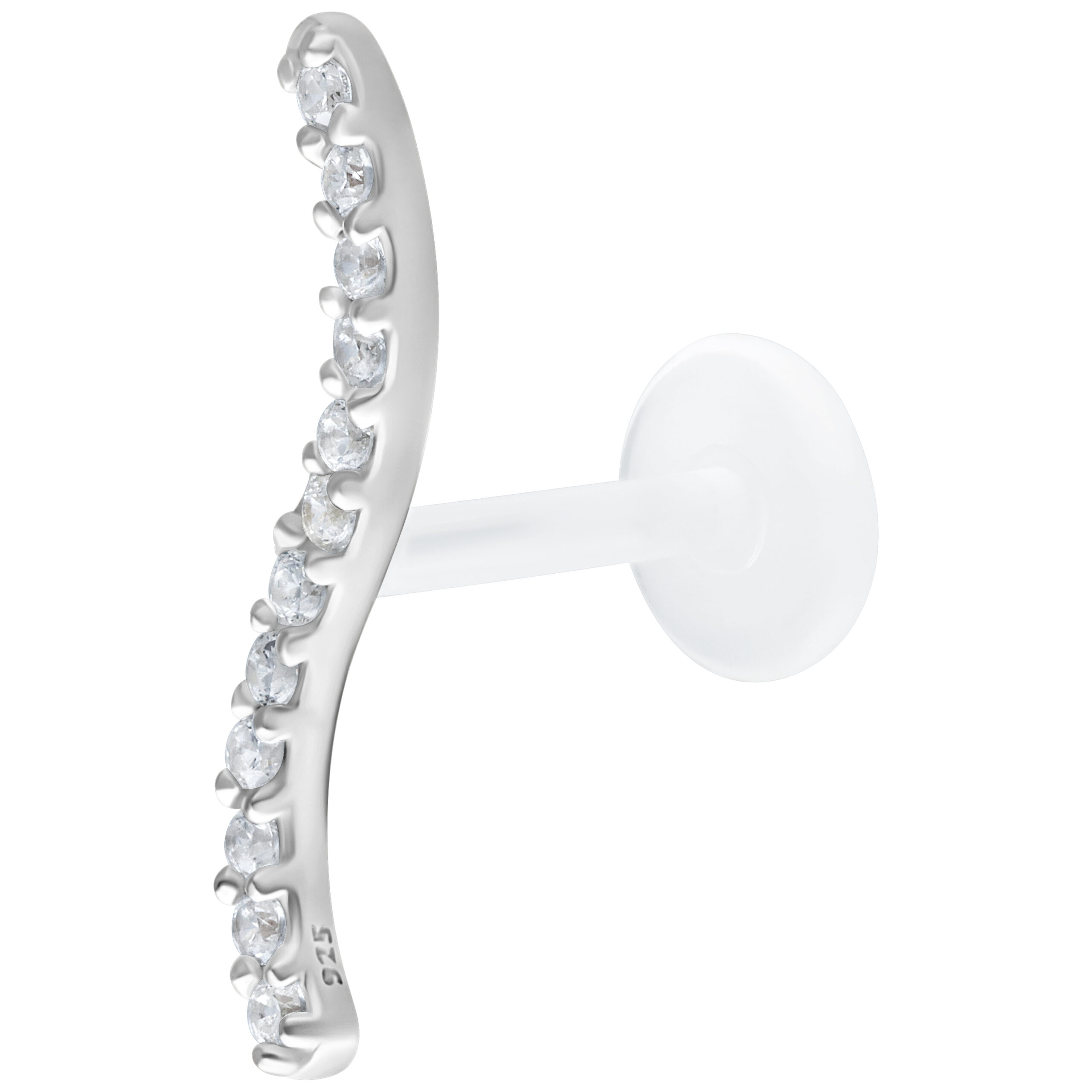 Silbernes Labret mit Kristallreihe 5,0 mm Silbernes Labret mit 5,0 mm Kristallreihe auf weißem Hintergrund