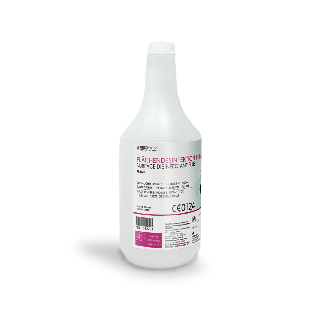 Wischdesinfektion Fresh 1 Liter Flasche Weiße 1-Liter-Flasche Wischdesinfektion Fresh auf grauem Hintergrund