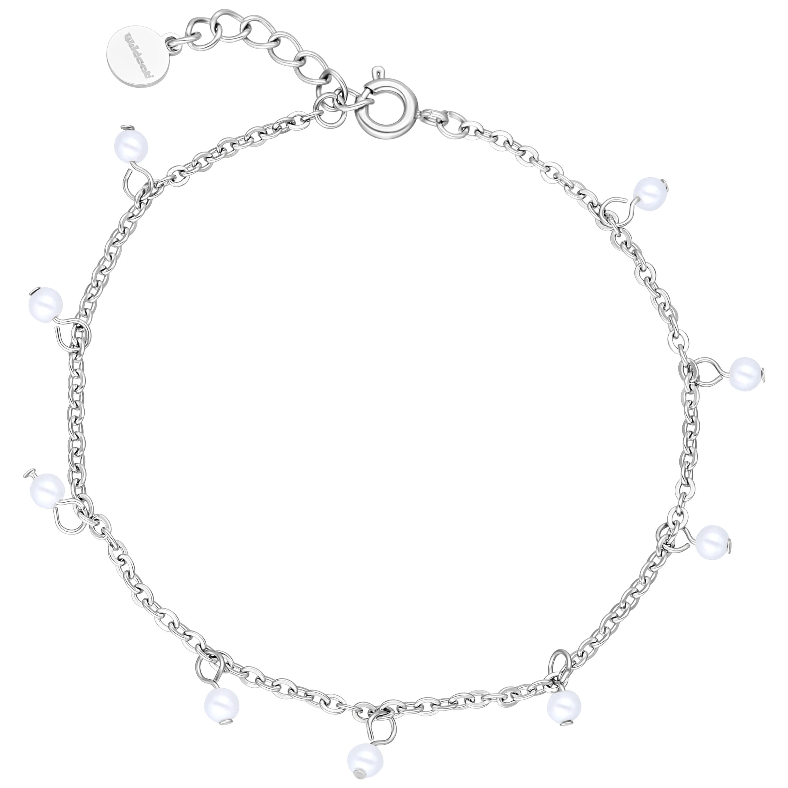 Silbernes Armband mit kleinen Perlen auf weißem Hintergrund