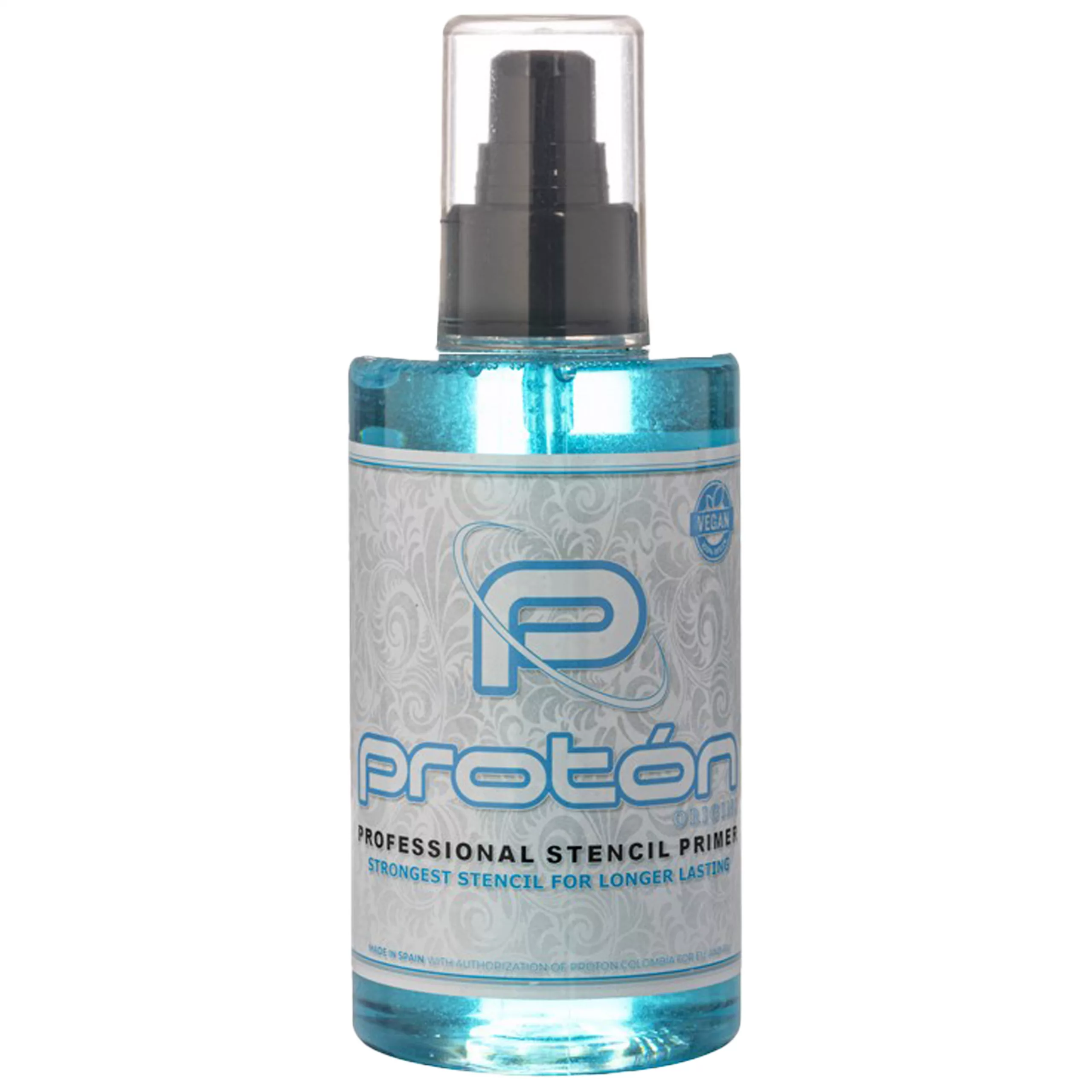 Proton Stencil Primer 200ml für Tattoo Artists Transparente 200ml Flasche Proton Stencil Primer mit blauem Etikett auf weißem Hintergrund