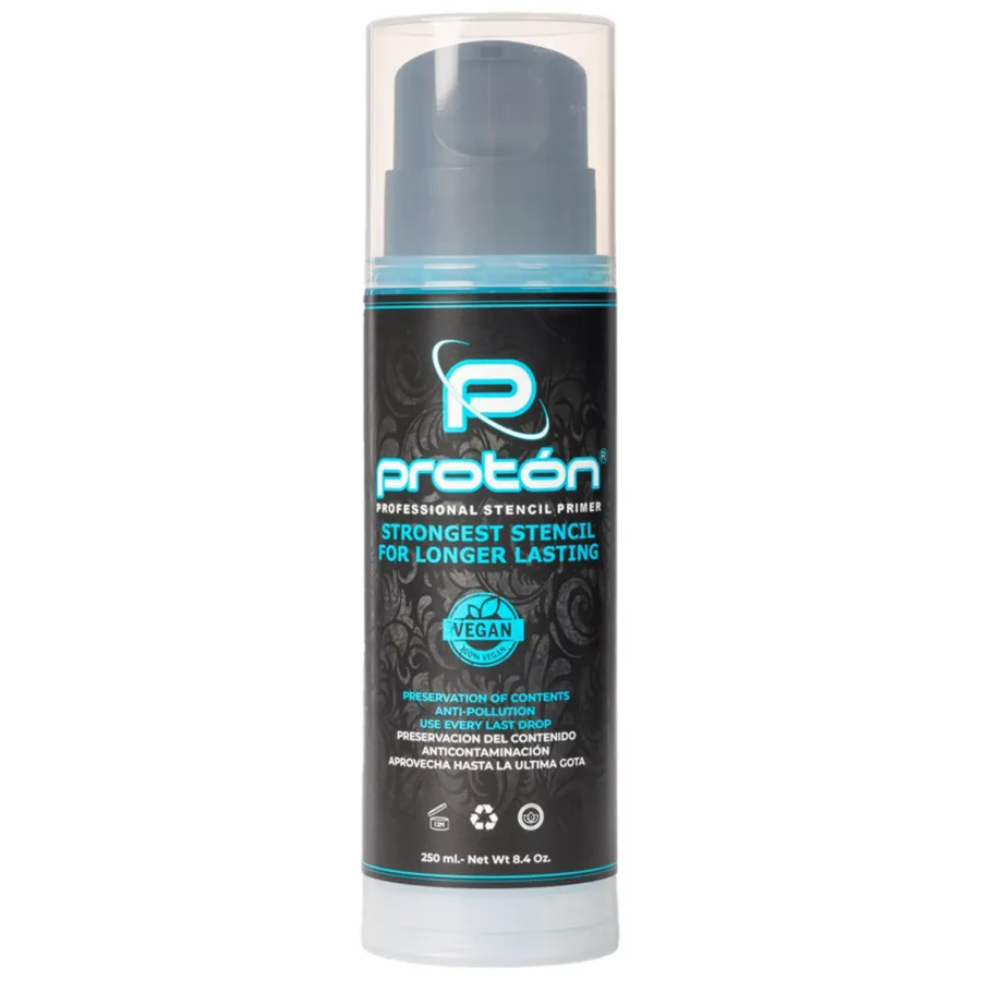 Proton Airless Stencil Primer in Blau, 250ml Flasche auf weißem Hintergrund