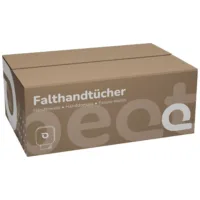 Brauner Karton mit der Aufschrift 'Falttücher', neutrale Verpackung