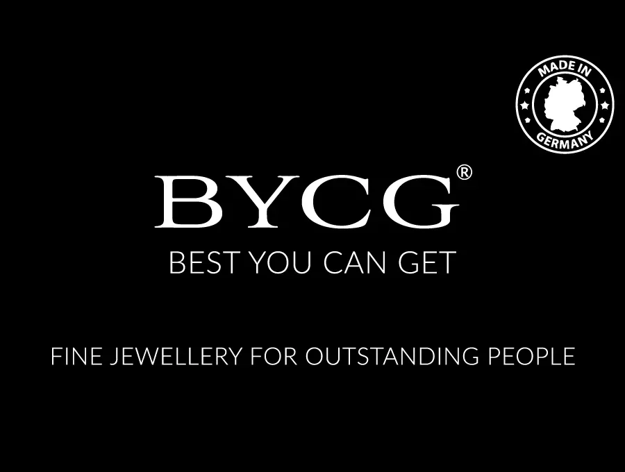 Schwarzes Logo BYCG mit Slogan 'BEST YOU CAN GET' auf schwarzem Hintergrund